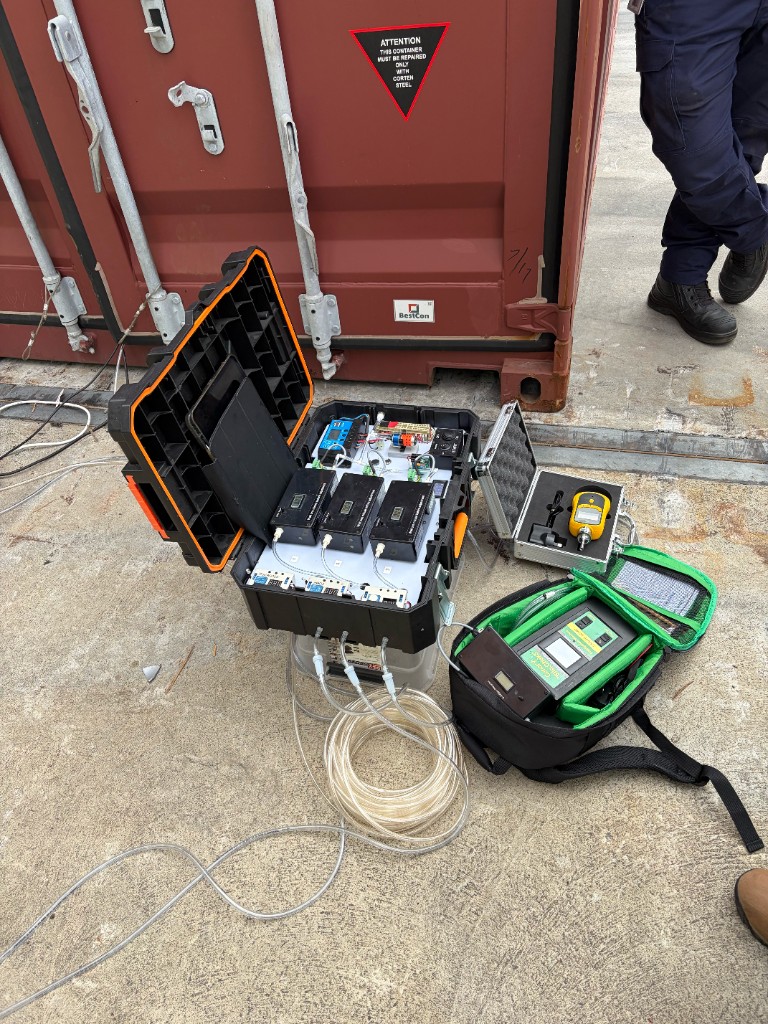 Gas monitoring and detection equipment set up on site for fumigation testing