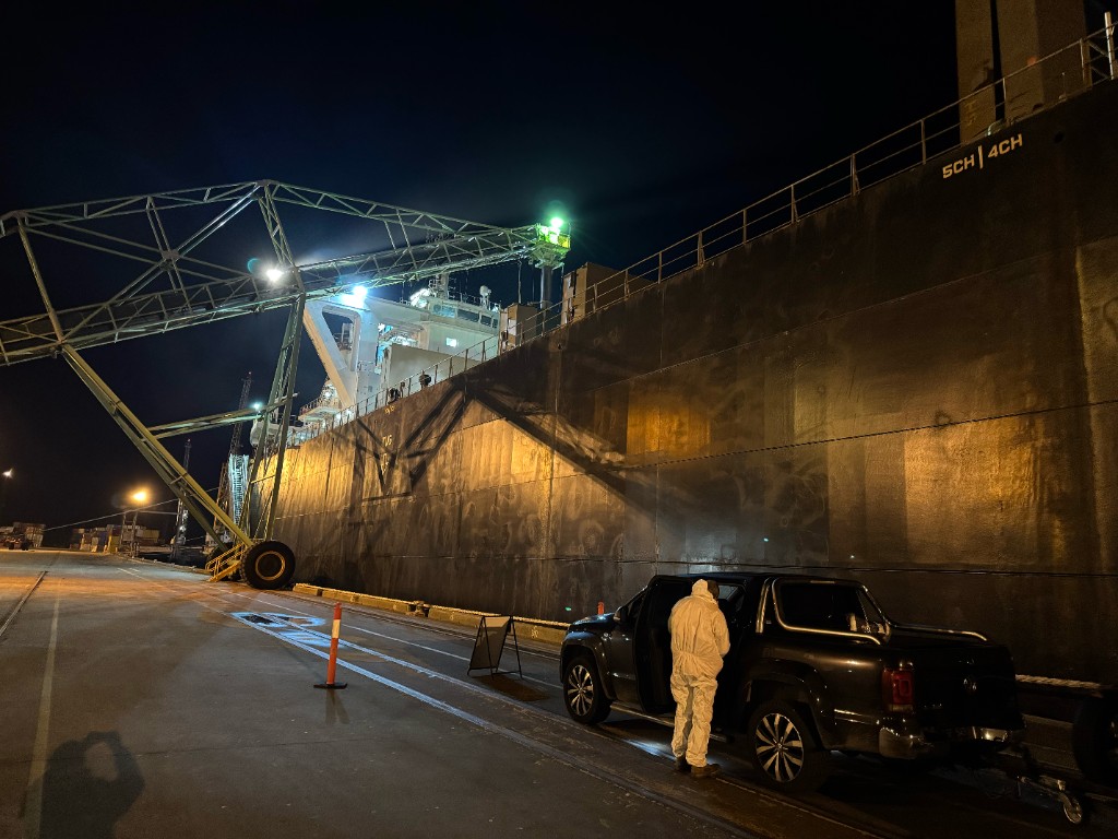 Bulk export vessel alongside the wharf during a night fumigation job