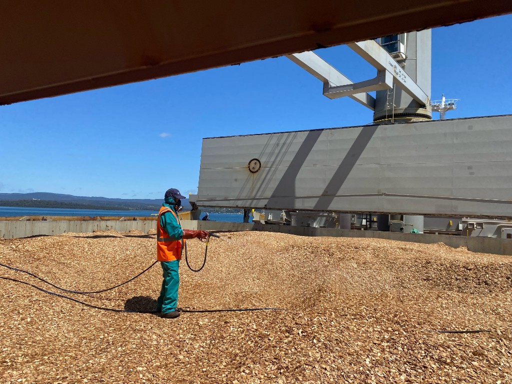 TFS fumigator applying treatment across a woodchip cargo hold beneath the ship loader